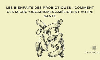 Image d'une goutte de probiotiques entourée de bactéries bénéfiques pour représenter leur effet positif sur la santé.