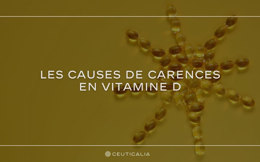image présentant les causes de carences de vitamine, une molécule sur fond jaune et logo ceuticalia en bas