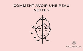 Image de couverture pour l'article de blog Ceuticalia intitulé "Comment avoir une peau nette ?", présentant une illustration linéaire d'un visage divisé en deux, avec une moitié représentant une peau claire et l'autre moitié affichant des imperfections.