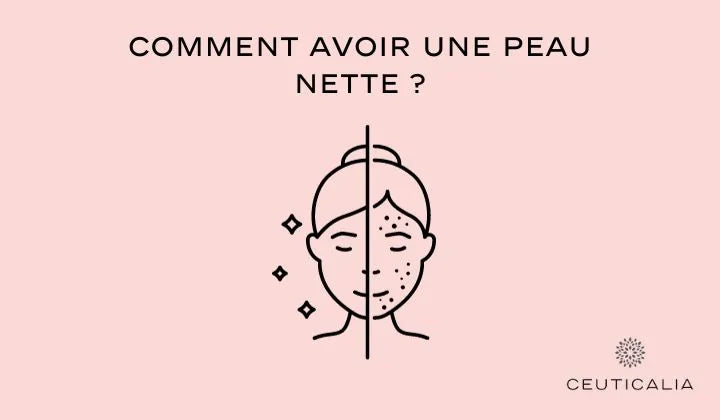 Image de couverture pour l'article de blog Ceuticalia intitulé "Comment avoir une peau nette ?", présentant une illustration linéaire d'un visage divisé en deux, avec une moitié représentant une peau claire et l'autre moitié affichant des imperfections.