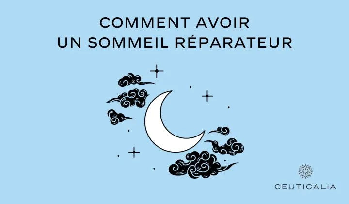  Illustration graphique avec une lune croissante blanche et des nuages stylisés sur fond bleu ciel, accompagnée du texte "Comment avoir un sommeil réparateur" pour l'article de blog de Ceuticalia dédié aux conseils pour améliorer la qualité du sommeil.